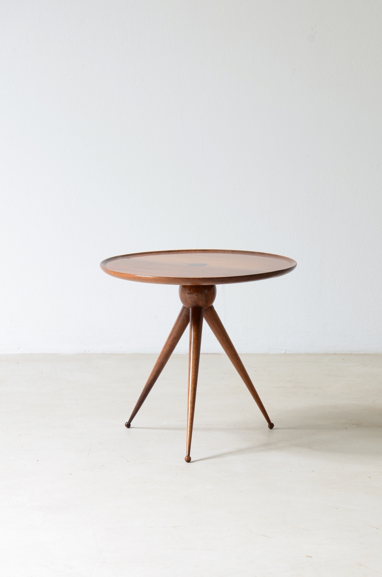 Small refined coffee table with thin turned legs and tray top.  Italian manufacture, ca. 1950.