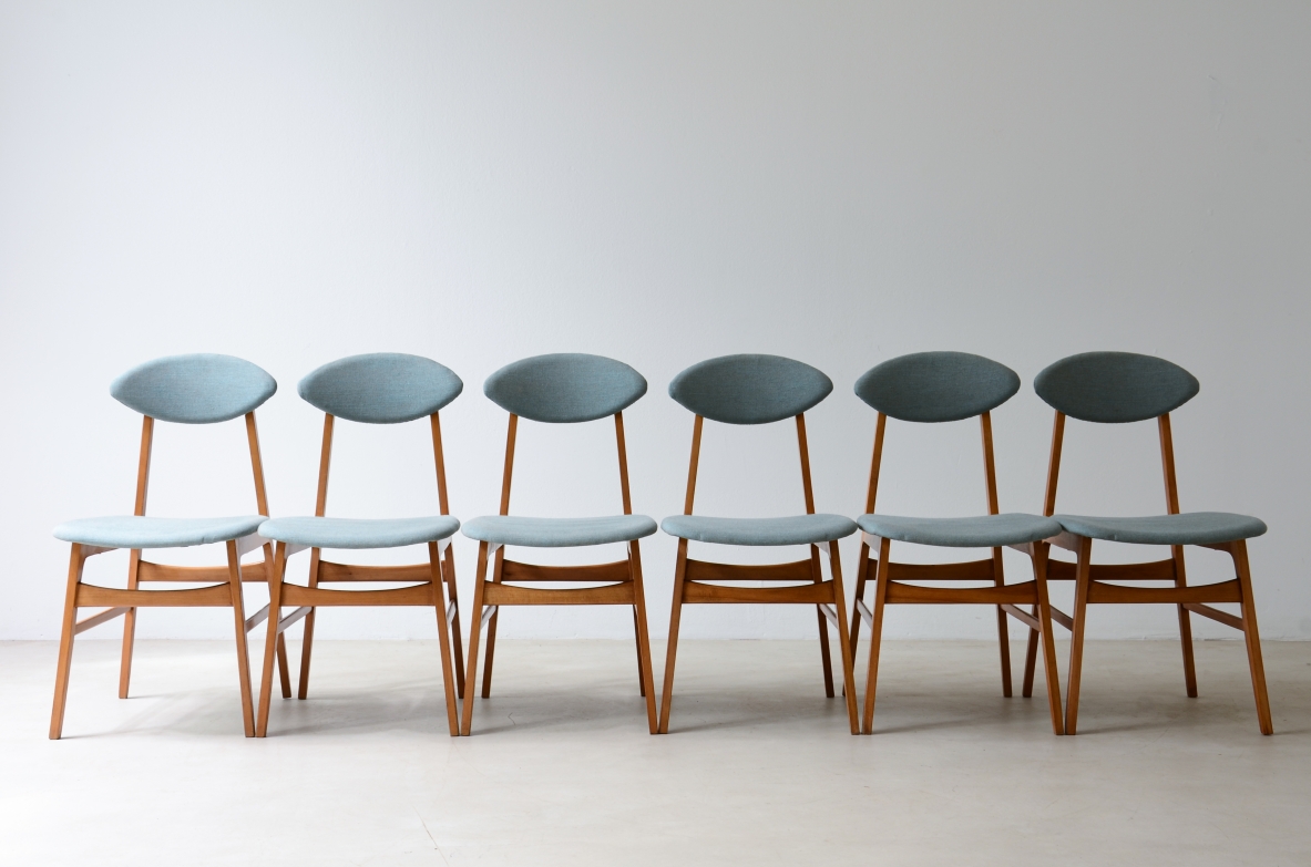 6 chairs with ogive back, wooden frame and cotton upholstery. Italy 1960's.