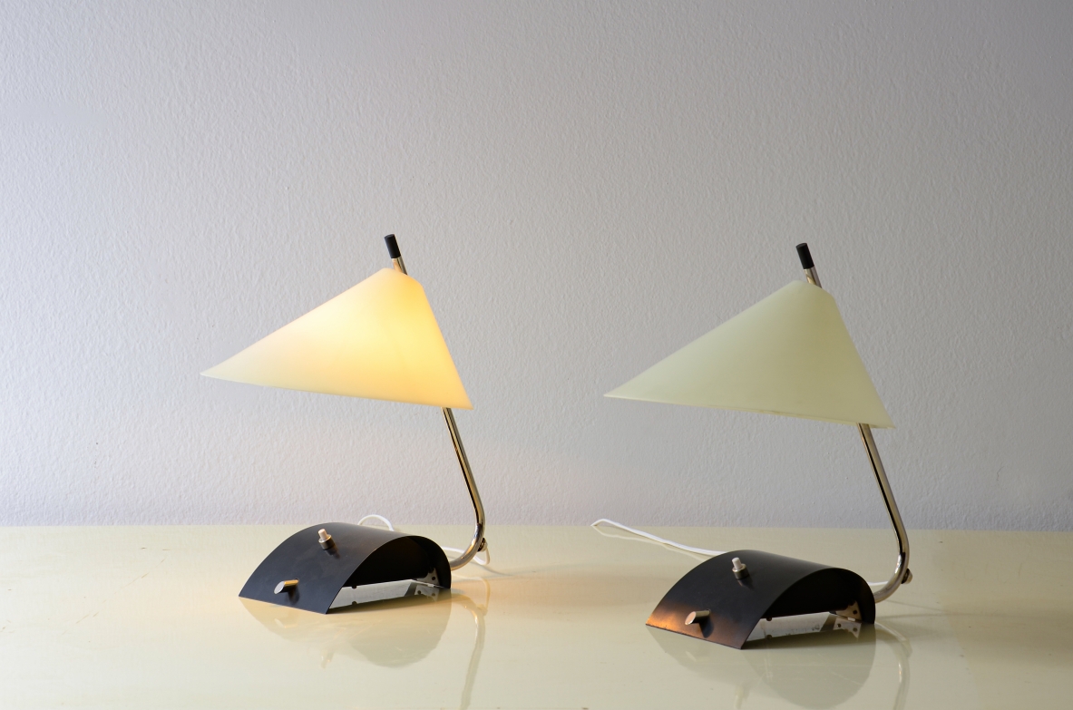 Pair of rare table lamps in metal and chrome with perplex hat.  Manufacturer's label.  Stilnovo production, 1950's