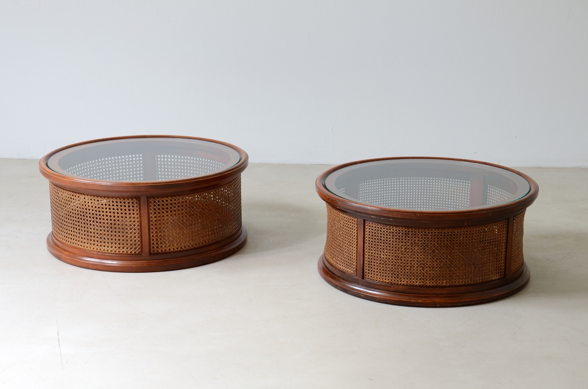 Pair of round tables in wood and Vienna straw with glass top.  Italian 1970s manufacture.