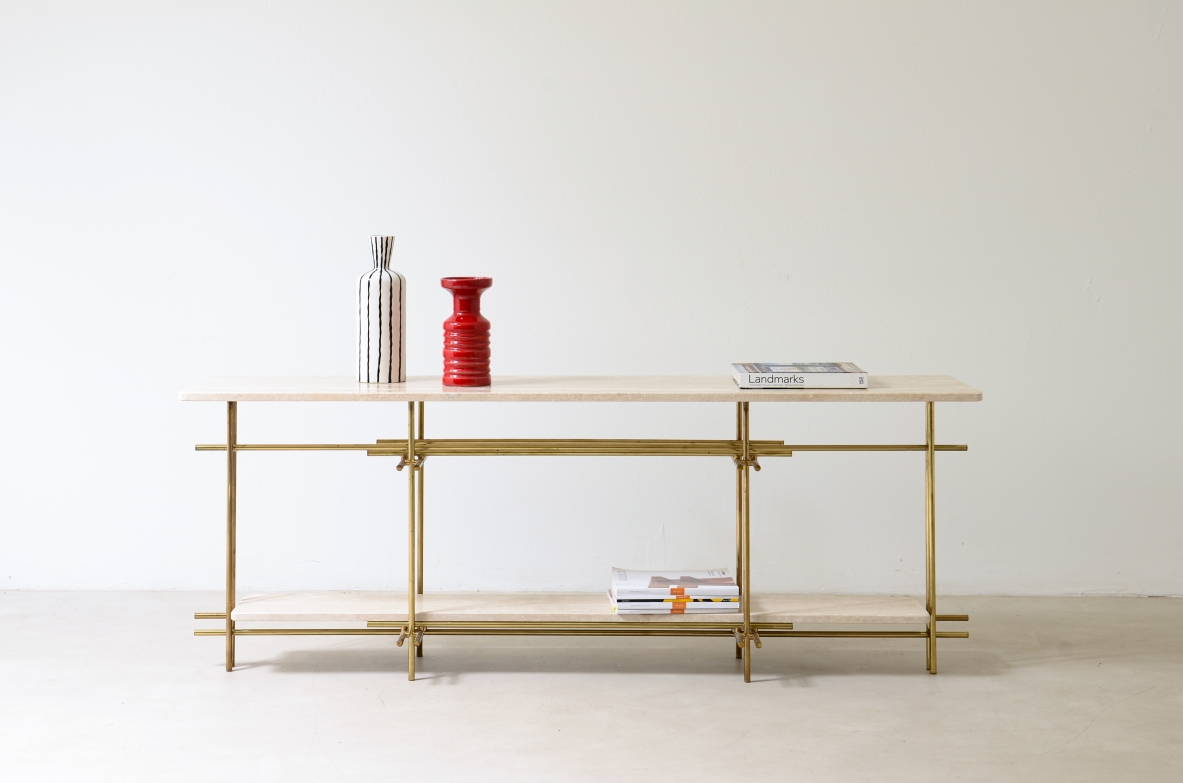 Elegant console with brass structure and travertine marble tops.  Italian manufacture, 1970s