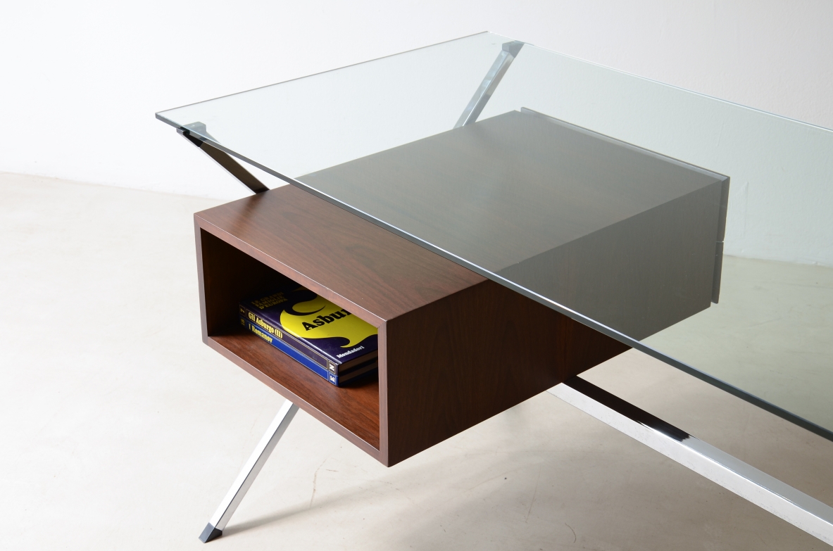 Franco Albini Center desk with drawers, polished steel and tempered glass top.