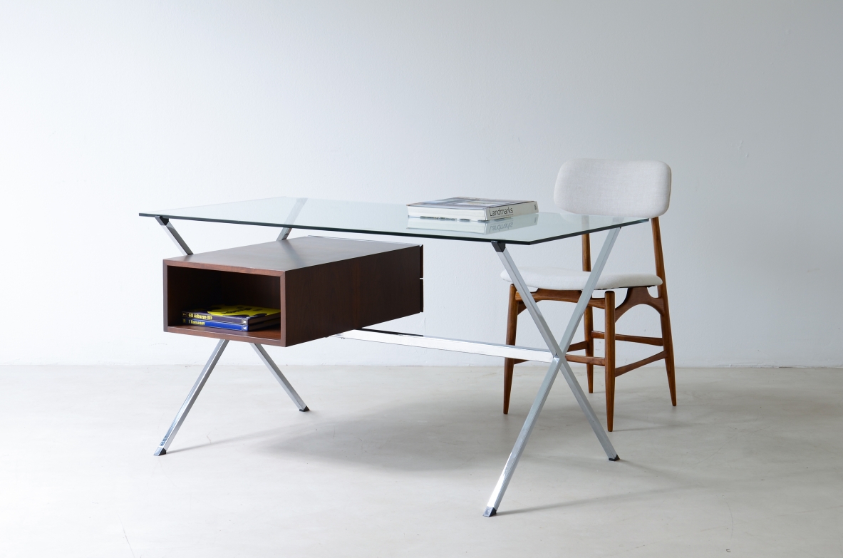 Franco Albini Center desk with dark wood drawers, polished steel square tube leg and tempered glass top.