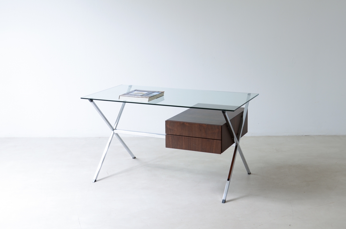 Franco Albini Center desk with drawers, polished steel and tempered glass top.