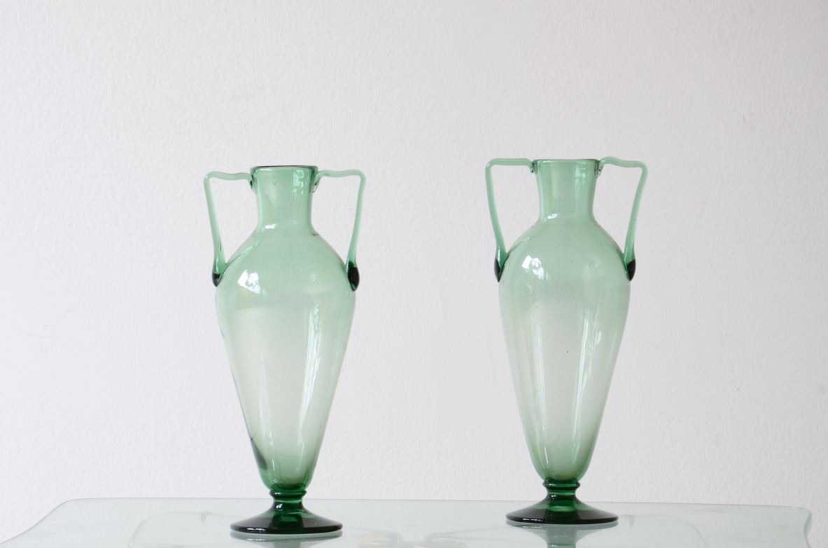 Two elegant blown glass cups with handles.  Murano, Venice, 1940s.