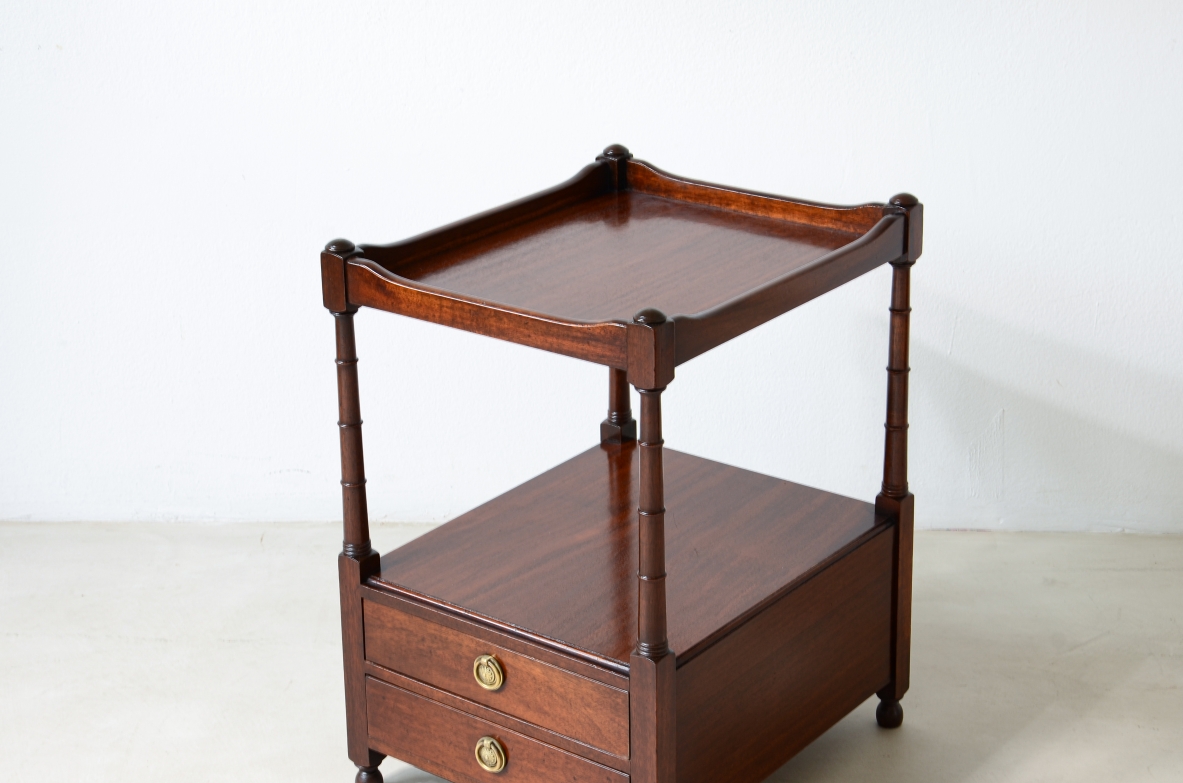 Pair of coffee tables/nightstands with tray top and turned columns 1900
