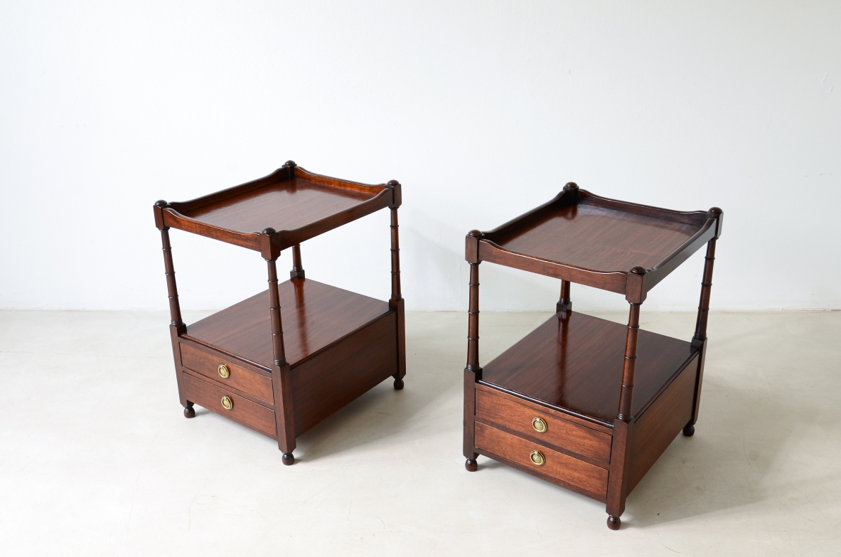 Pair of coffee tables/nightstands with tray top and turned columns 1900