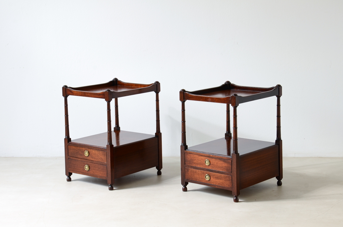 Pair of coffee tables/nightstands with tray top and turned columns 1900