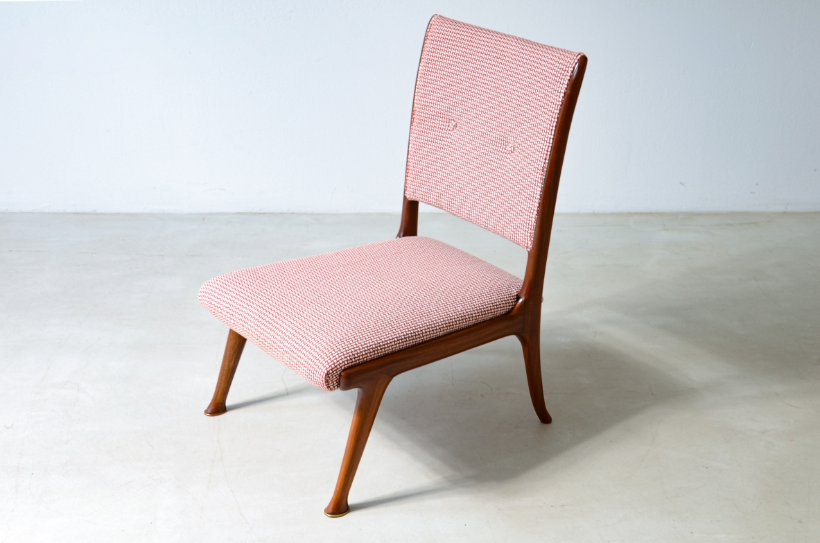 Pair of refined cherry armchairs with seat and backrest in padded fabric.  Italian manufacture ca. 1950.