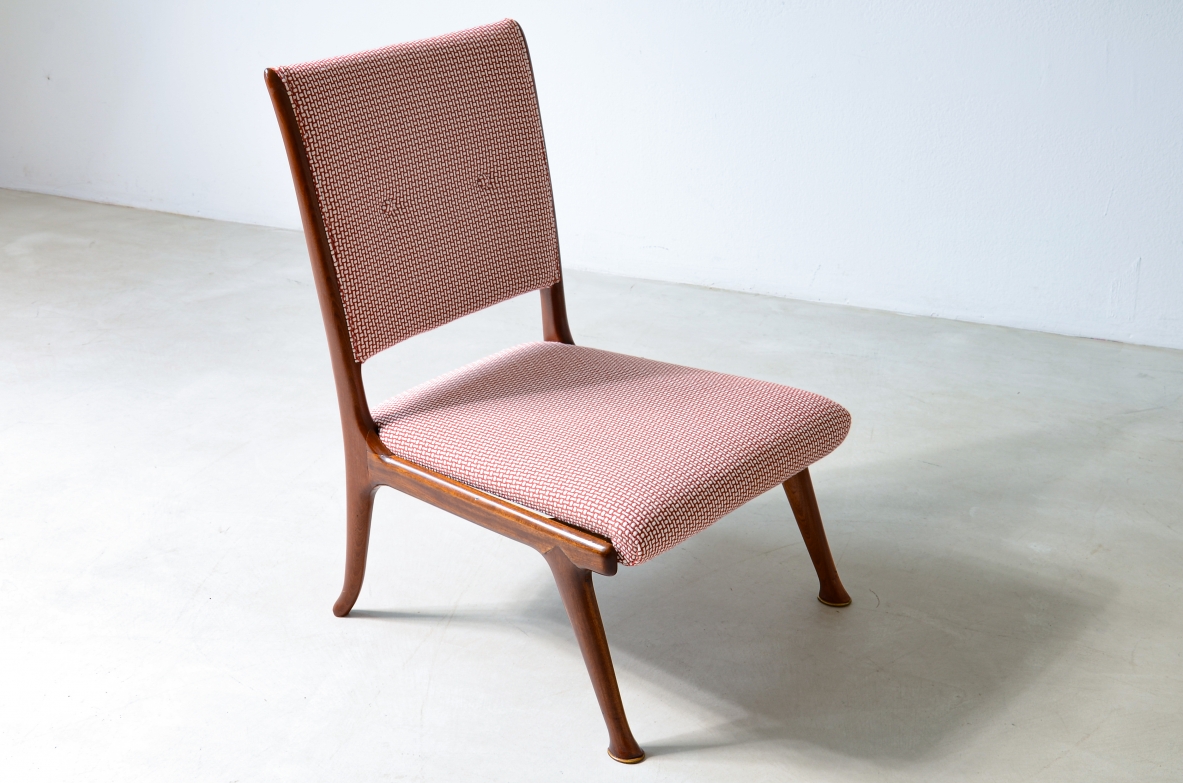 Pair of refined cherry armchairs with seat and backrest in padded fabric.  Italian manufacture ca. 1950.