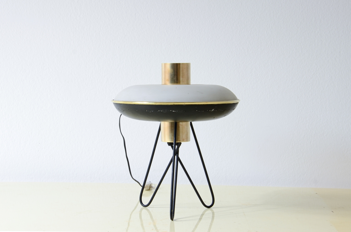 Small table lamp with perforated metal disc and printed glass 1950