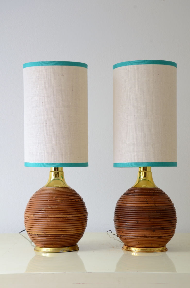 Coppia di lampade nello stile di Gabriella Crespi in malacca e ottone 1970