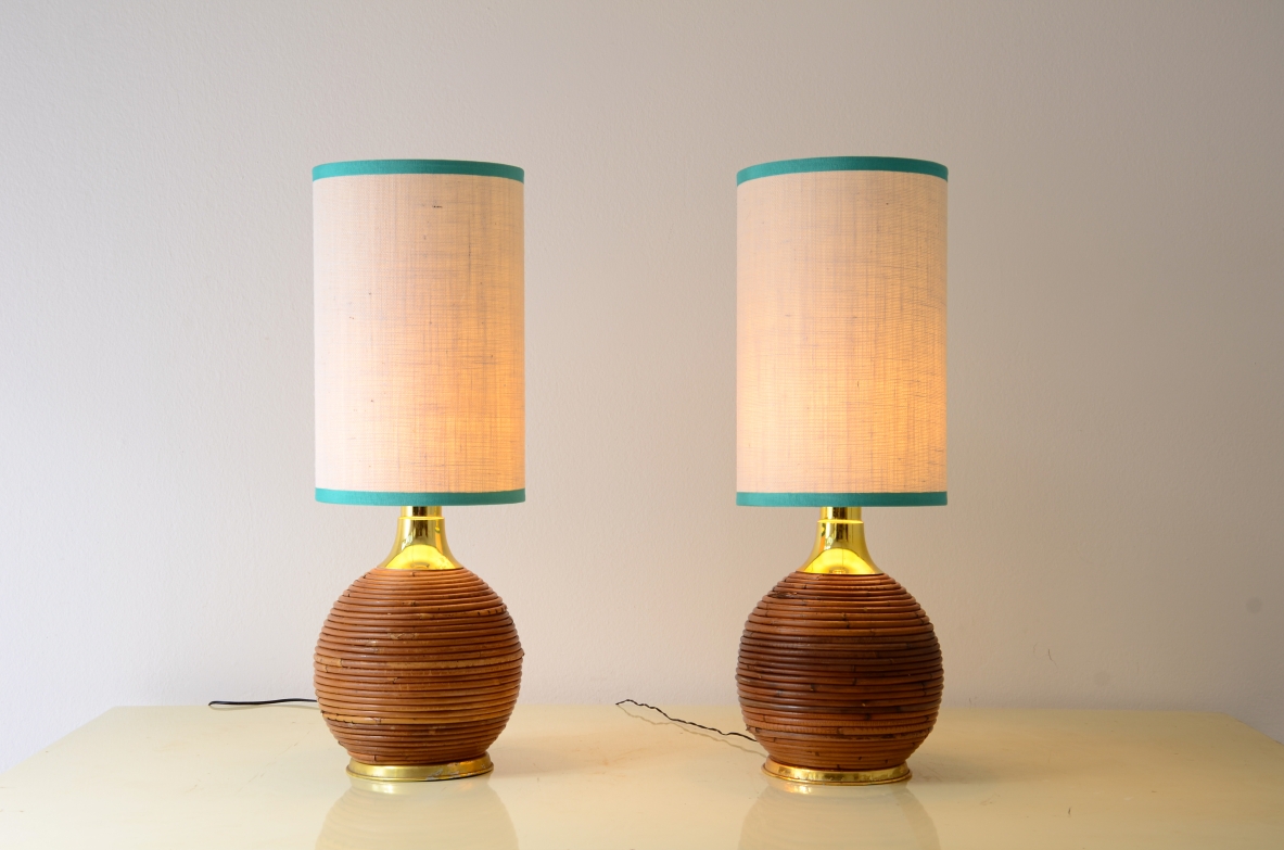 Pair of lamps in the style of Gabriella Crespi in rattan and turned brass 1970