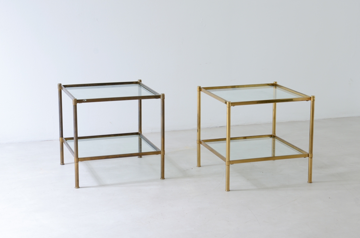 Pair of brass coffee tables with cut crystal tops.  Azucena Milan, ca. 1960