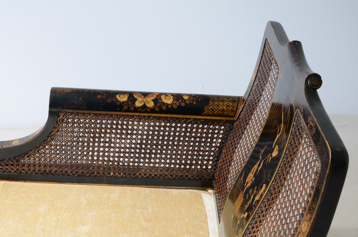 pair of colonial armchairs in lacquered wood and hand painted with oriental motifs.UK manufacture, Victorian Period ca.1860-1880.