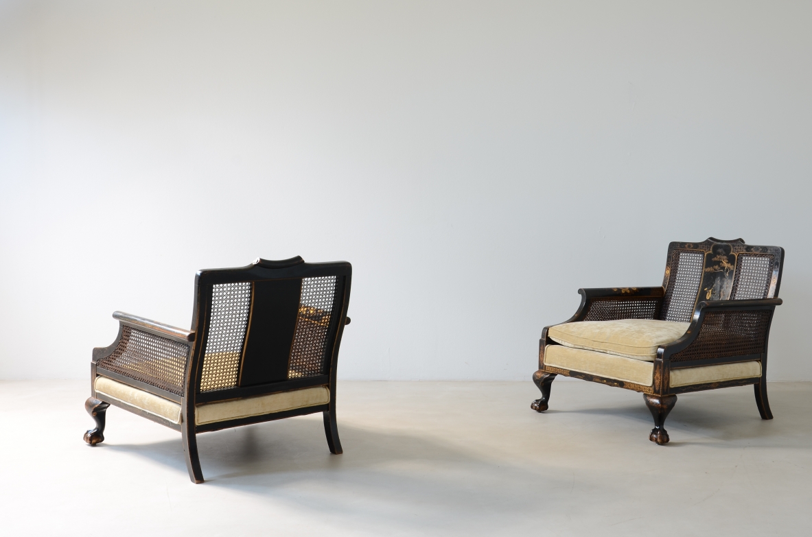 pair of colonial armchairs in lacquered wood and hand painted with oriental motifs.UK manufacture, Victorian Period ca.1860-1880.
