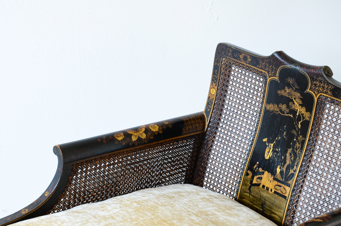 pair of colonial armchairs in lacquered wood and hand painted with oriental motifs.UK manufacture, Victorian Period ca.1860-1880.