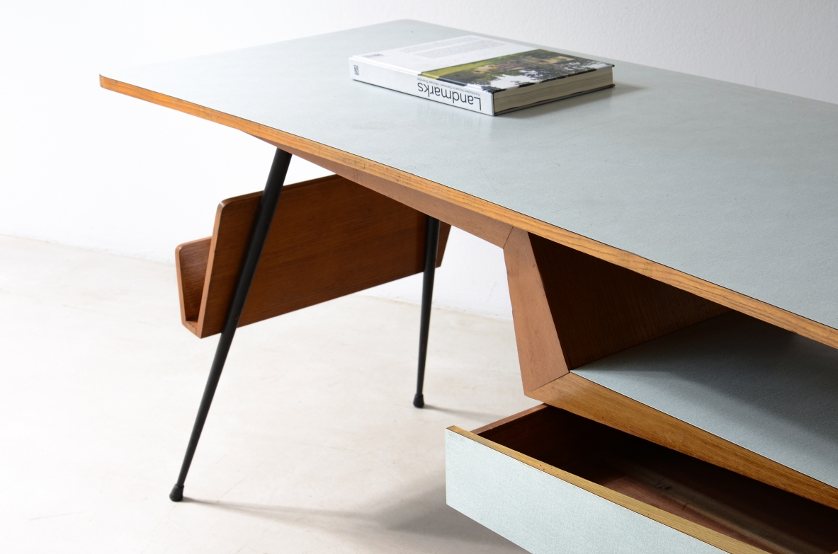 rationalist style desk in metal and wood with methacrylate covered tops 1950's