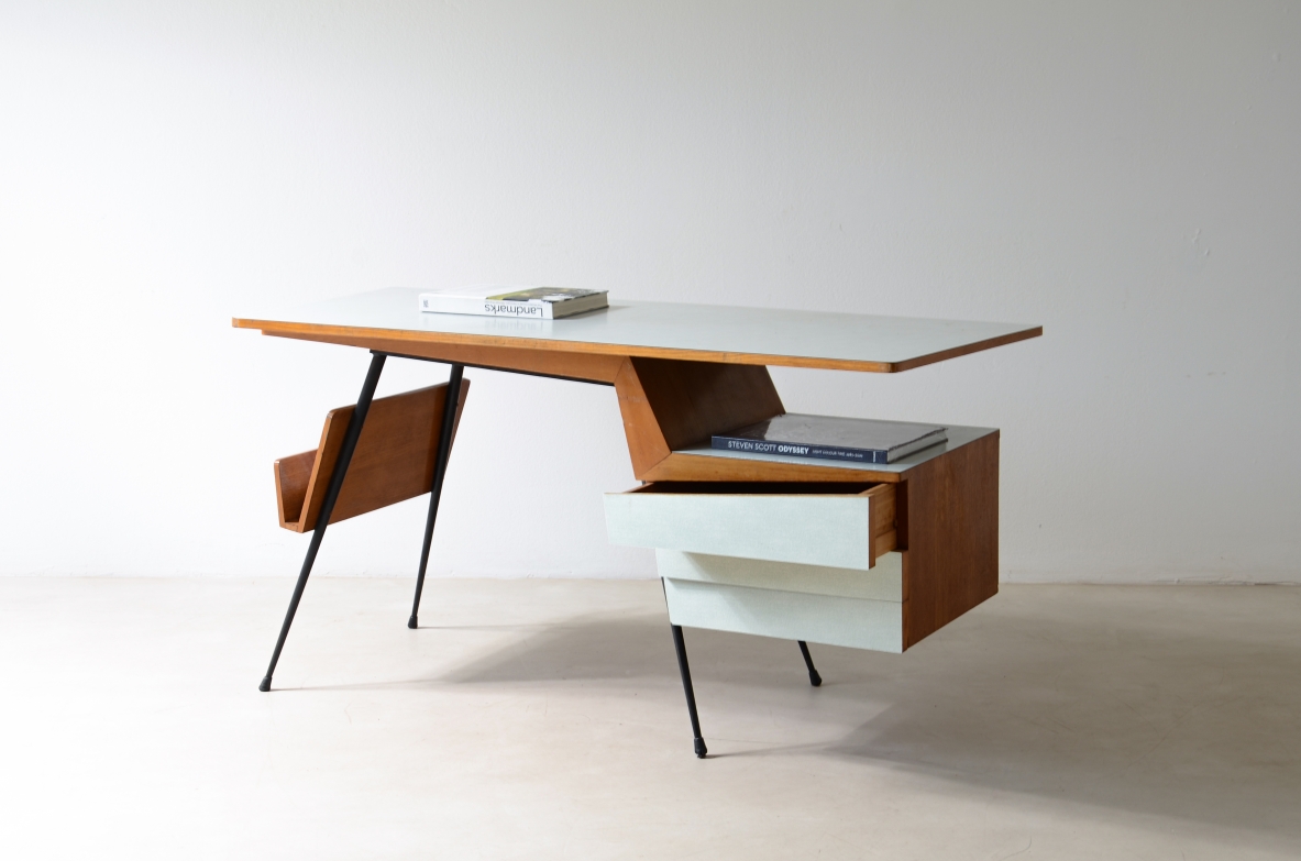 rationalist style desk in metal and wood with methacrylate covered tops 1950's