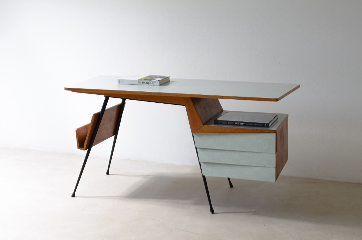 rationalist style desk in metal and wood with methacrylate covered tops 1950's