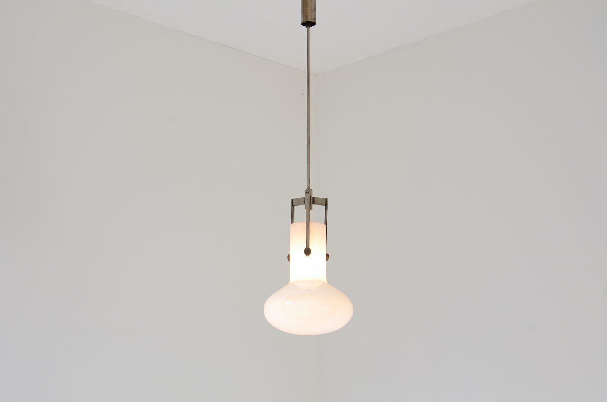 Azucena, Ignazio Gardella pendant in nickel-plated brass and opaline glass supported by three screws.1955