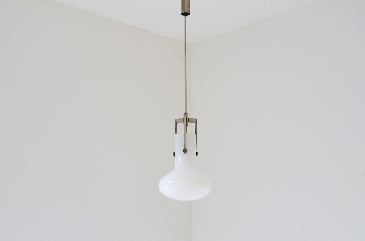 Azucena, Ignazio Gardella pendant in nickel-plated brass and opaline glass supported by three screws.1955