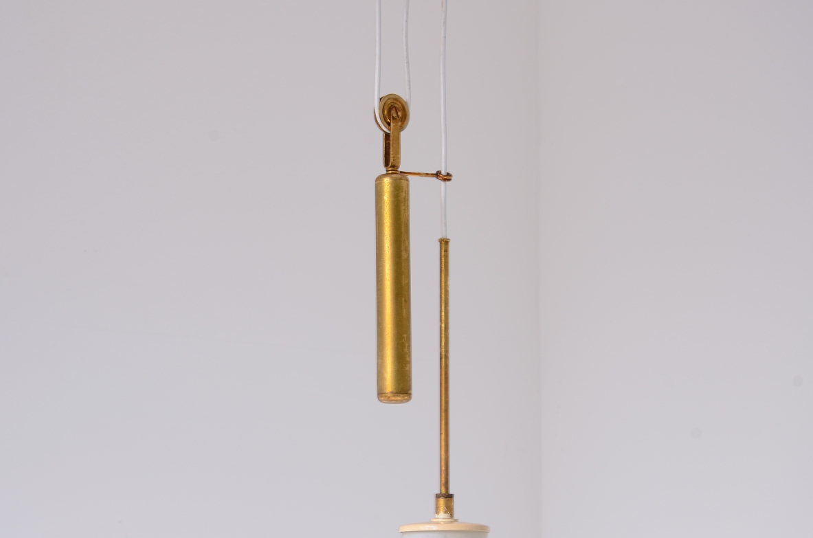 Elegant brass and opaline glass bell-shaped chandelier.  Stilnovo manufacture, ca. 1955.