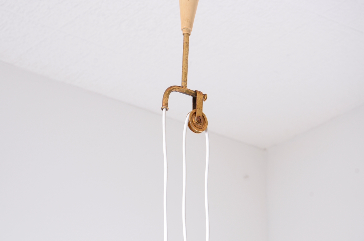 Elegant brass and opaline glass bell-shaped chandelier.  Stilnovo manufacture, ca. 1955.