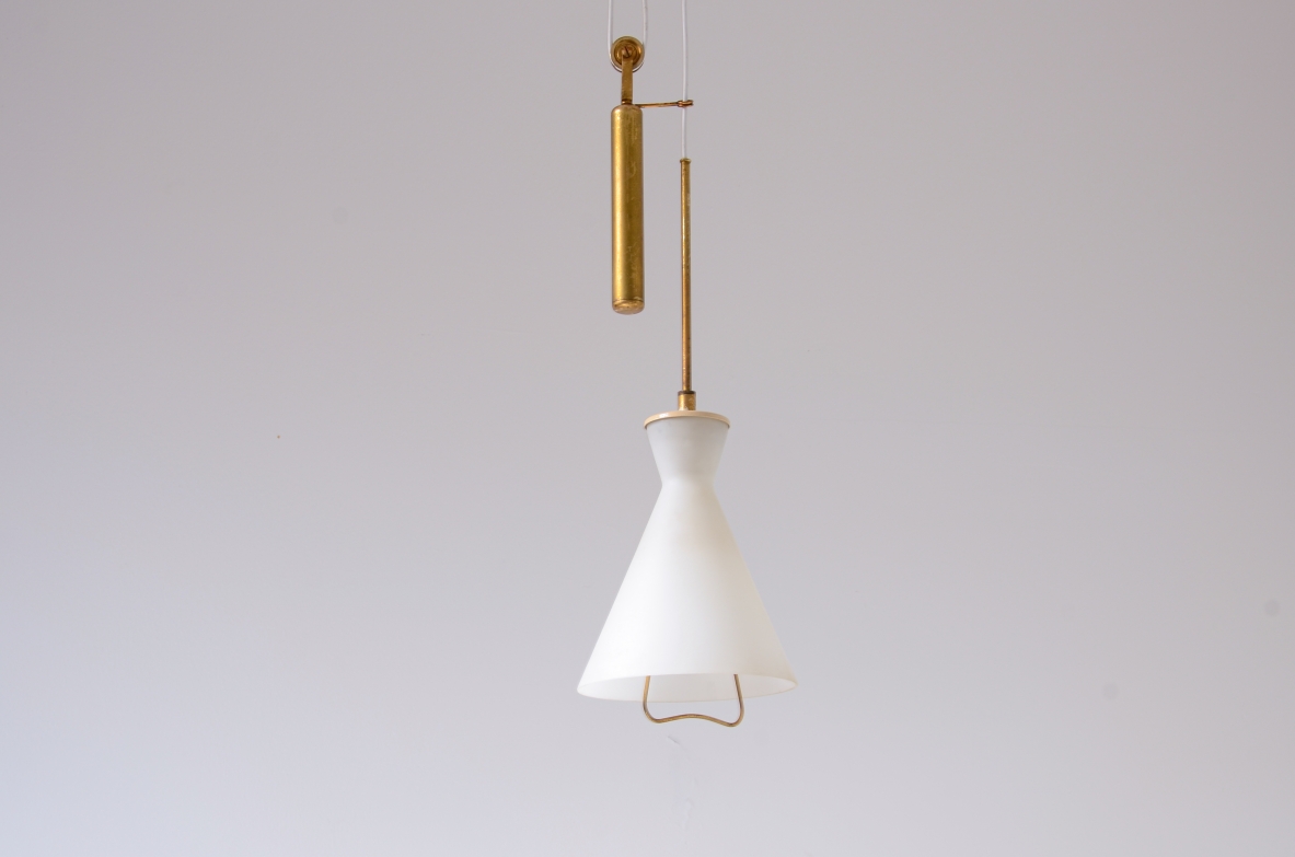 Elegant brass and opaline glass bell-shaped chandelier.  Stilnovo manufacture, ca. 1955.