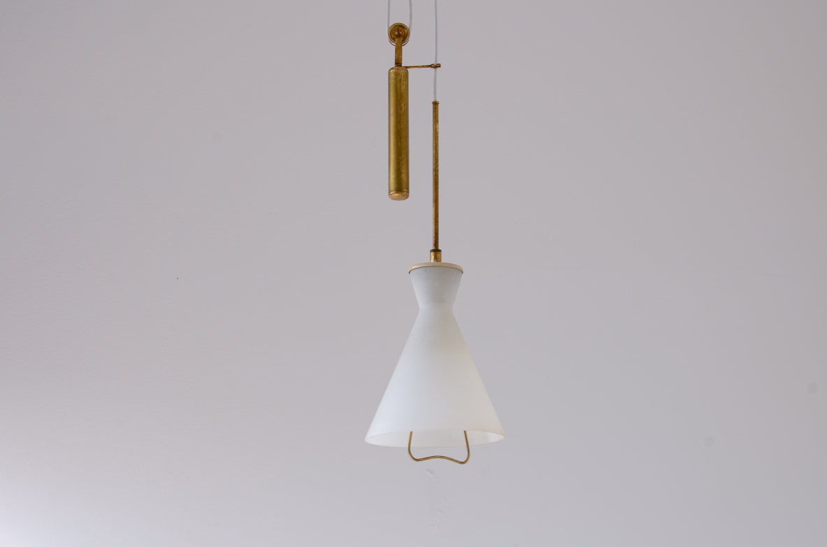 Elegant brass and opaline glass bell-shaped chandelier.  Stilnovo manufacture, ca. 1955.