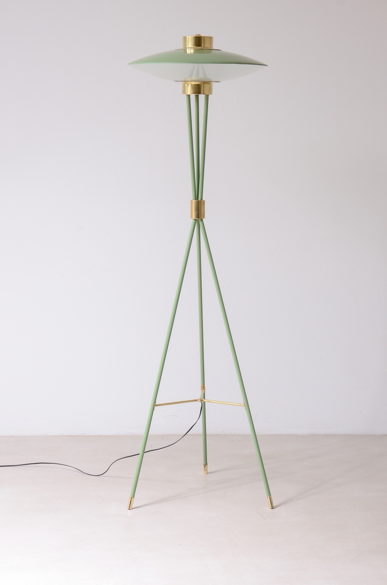 Stilnovo Milan  Rare floor lamp in light green lacquered metal, 1950.