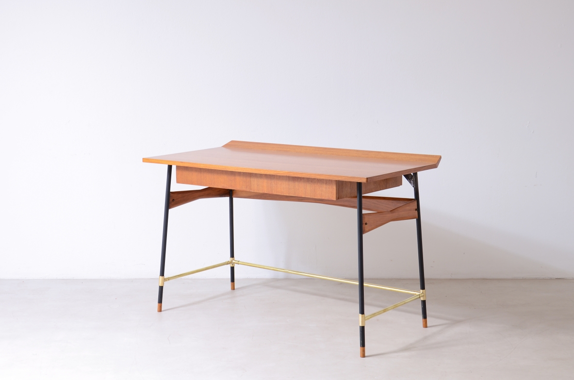 Desk with wooden top and drawers, metal and brass structure.Italian manufacture 60s.