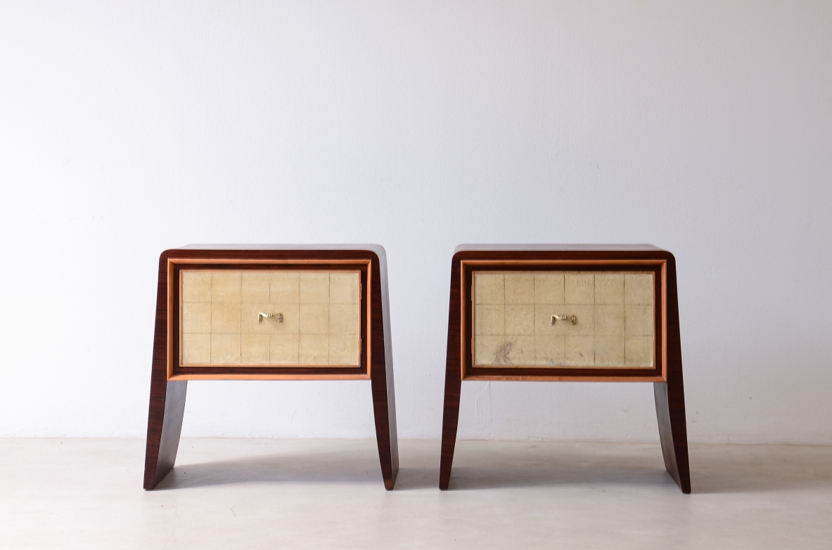 Attr. Paolo Buffa  Pair of wooden bedside tables with pyramid uprights.  Italian manufacture, ca. 1940.
