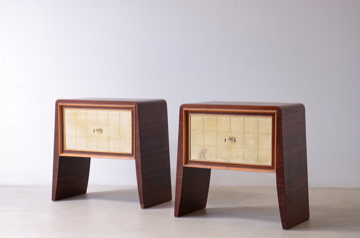 Attr. Paolo Buffa  Pair of wooden bedside tables with pyramid uprights.  Italian manufacture, ca. 1940.