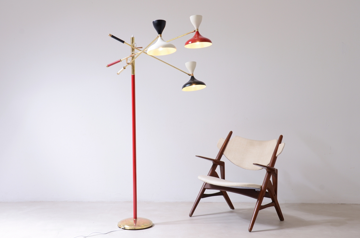 Stilnovo Milano  Rara lampada con stelo in ottone colorato e tre bracci anni 50