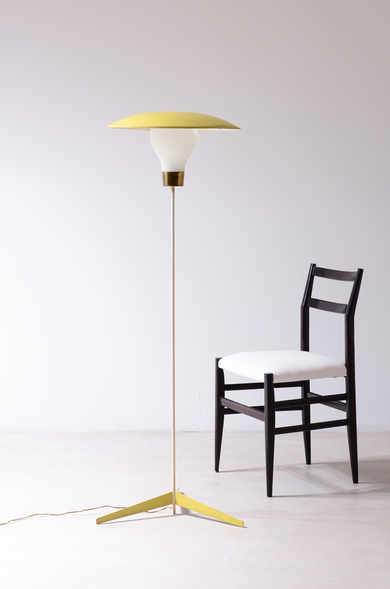 Attr. Stilnovo Milano1960s.Metal and brass lamp with opaline glass lampshade. Original color