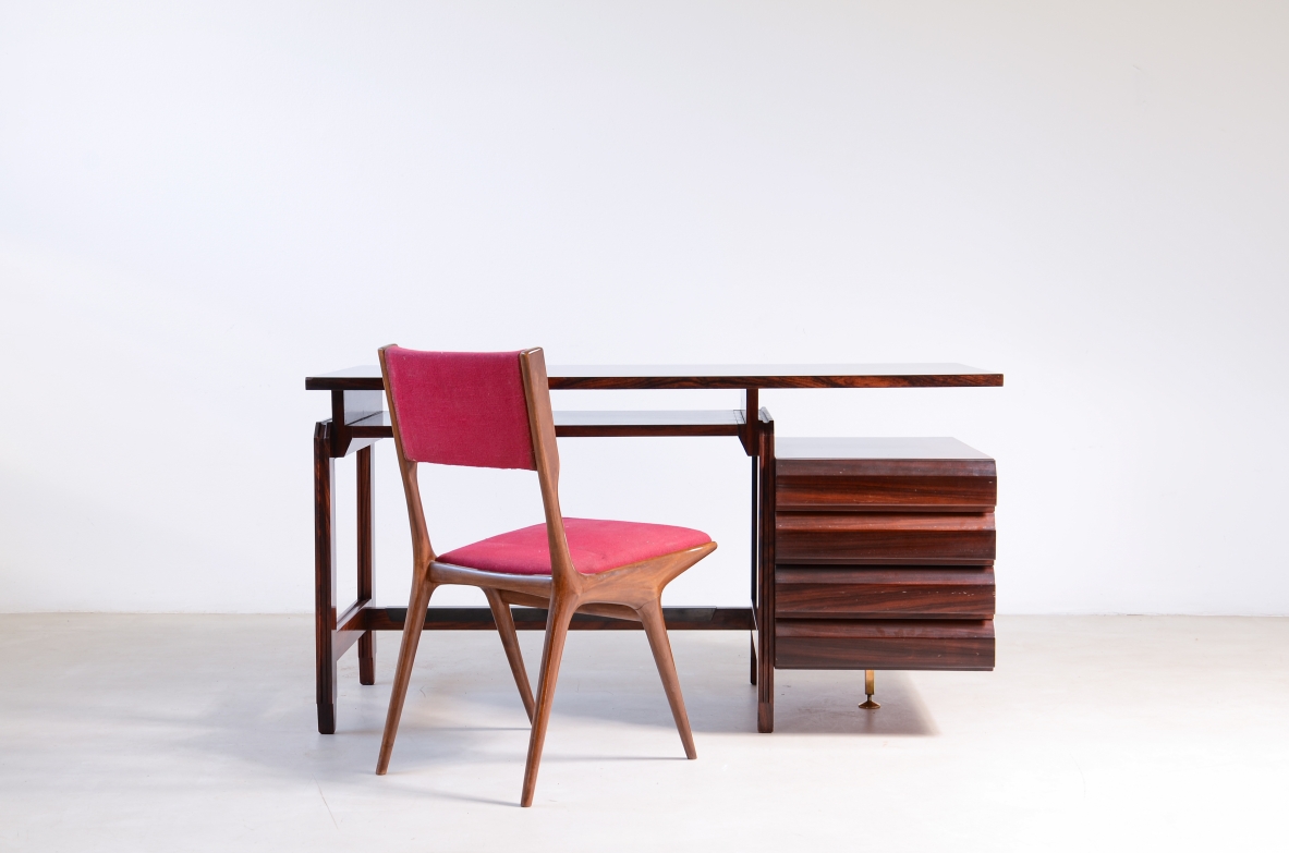 Elegant center desk with double top, four drawers and bookcase compartments.Italian manufacture, 1960s