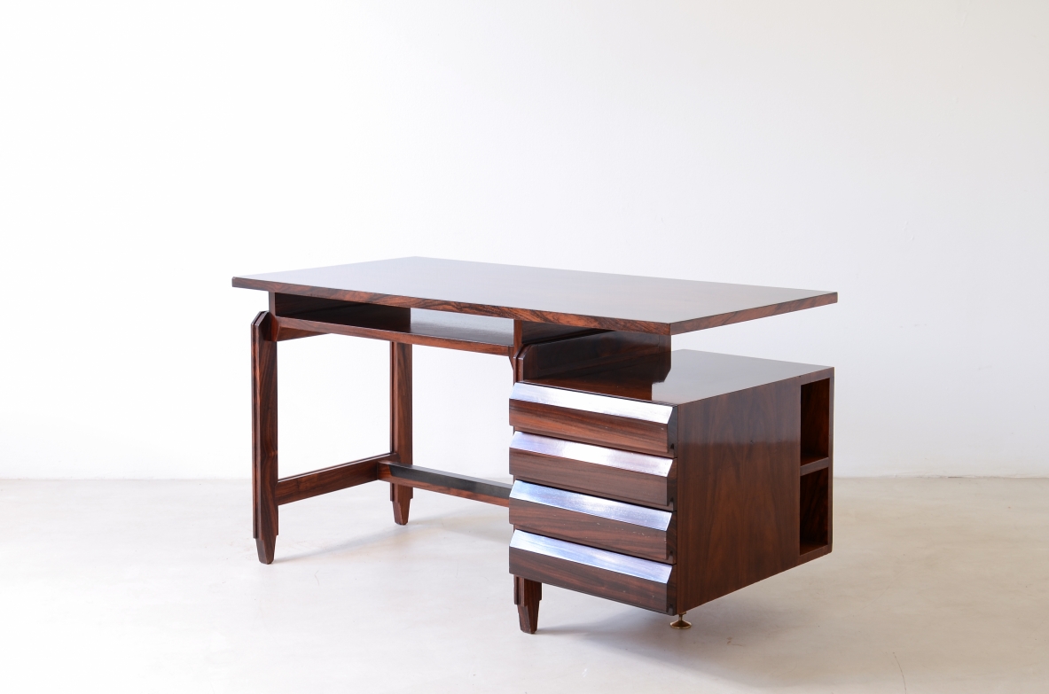 Elegant center desk with double top, four drawers and bookcase compartments.Italian manufacture, 1960s