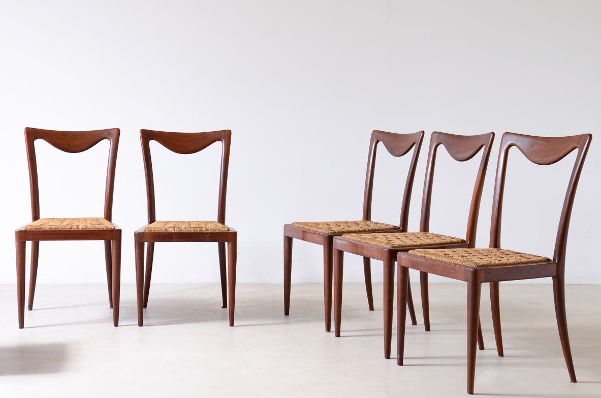 Carlo Enrico Rava, Group of six elegant chairs in shaped wood and rope seat.  Italian manufacture, 1940