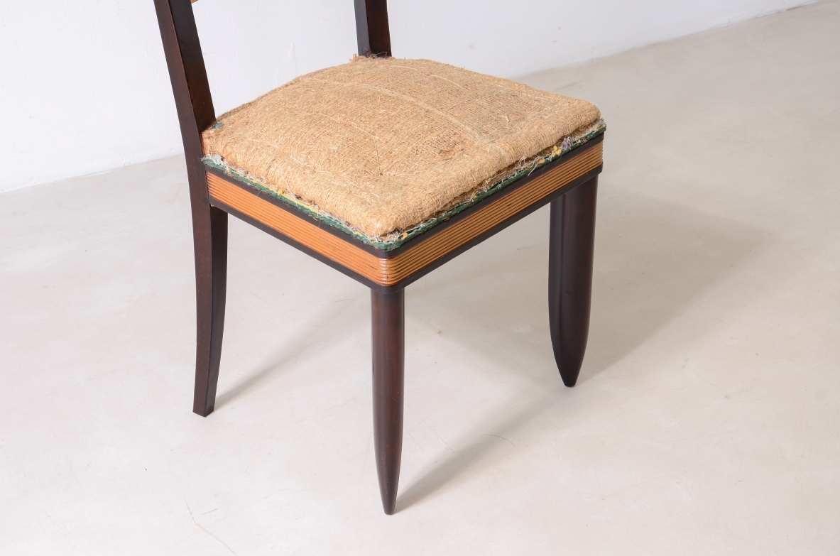 Six rare dark polished chairs with blond maple band and details, Marcello Piacentini, Italian Rationalism ca. 1925