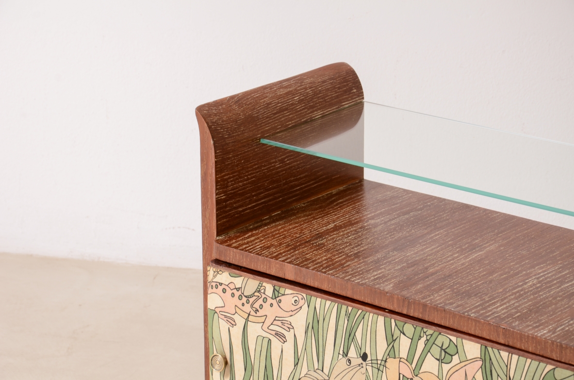 Guglielmo Pecorini  Small rare container unit in scratched oak with printed fabric 1930