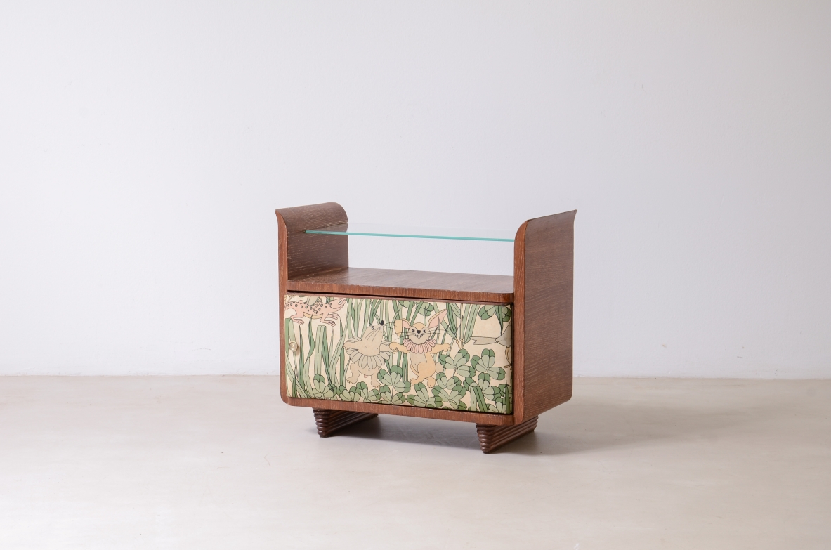 Guglielmo Pecorini  Small rare container unit in scratched oak with printed fabric 1930