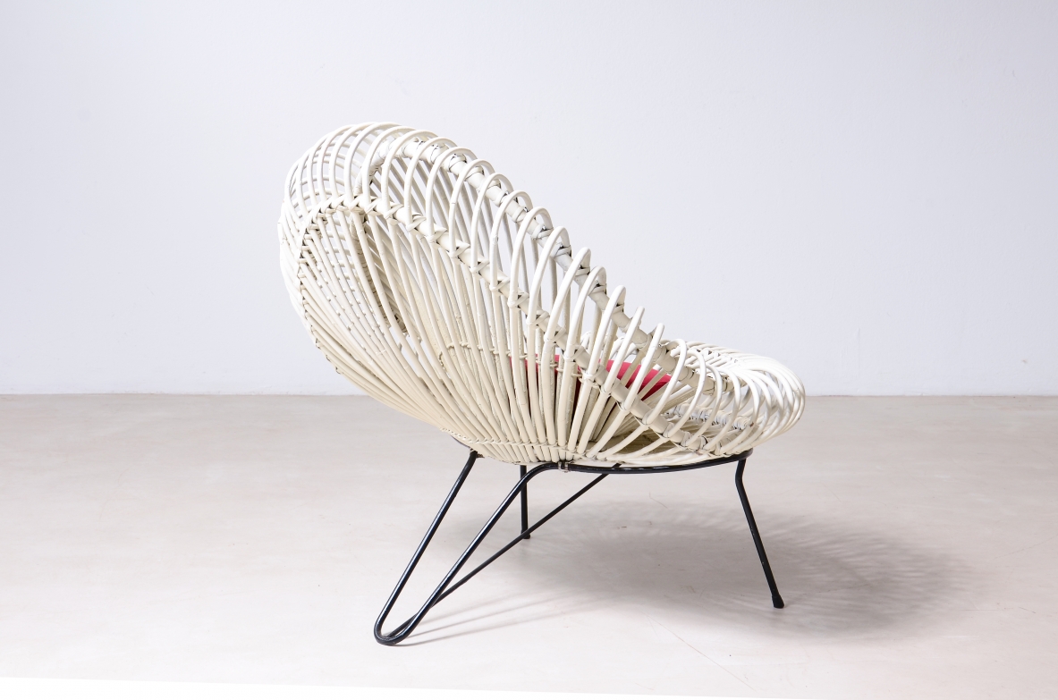 Janine Abraham & Dirk Jan Rol, pair of armchairs in lacquered rattan with metal supports. Prod. Edition Rougier, Holland, 1950ca.