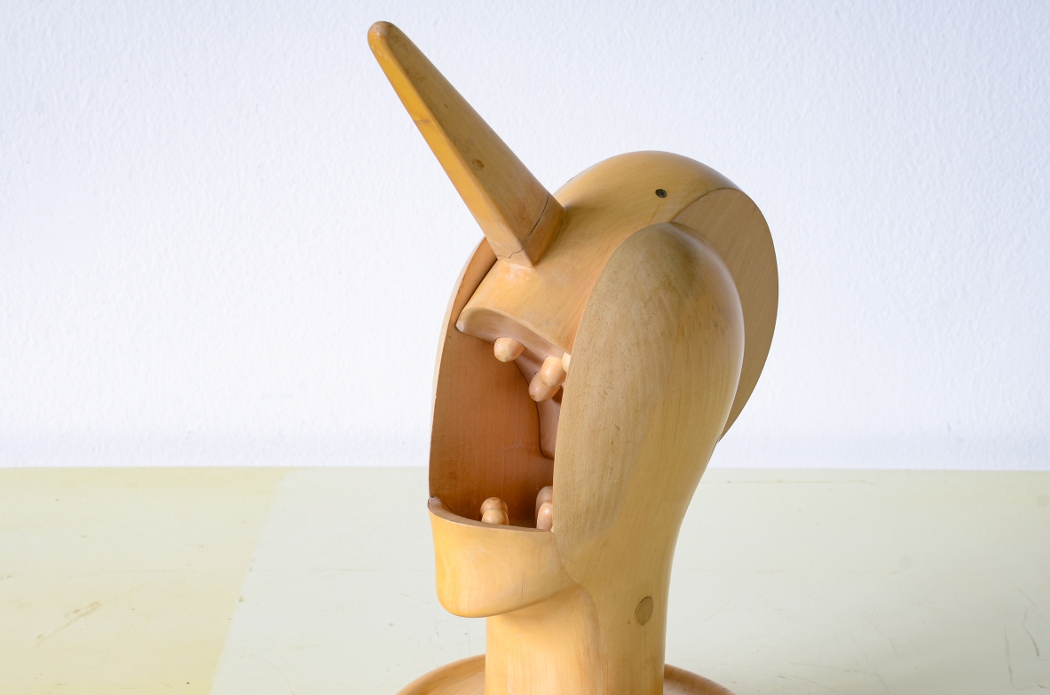 Alfonso Bini  Pinocchio head in maple wood carved and sculpted, probably designed to be used as a nutcracker. Italian manufacture ca.1970s.