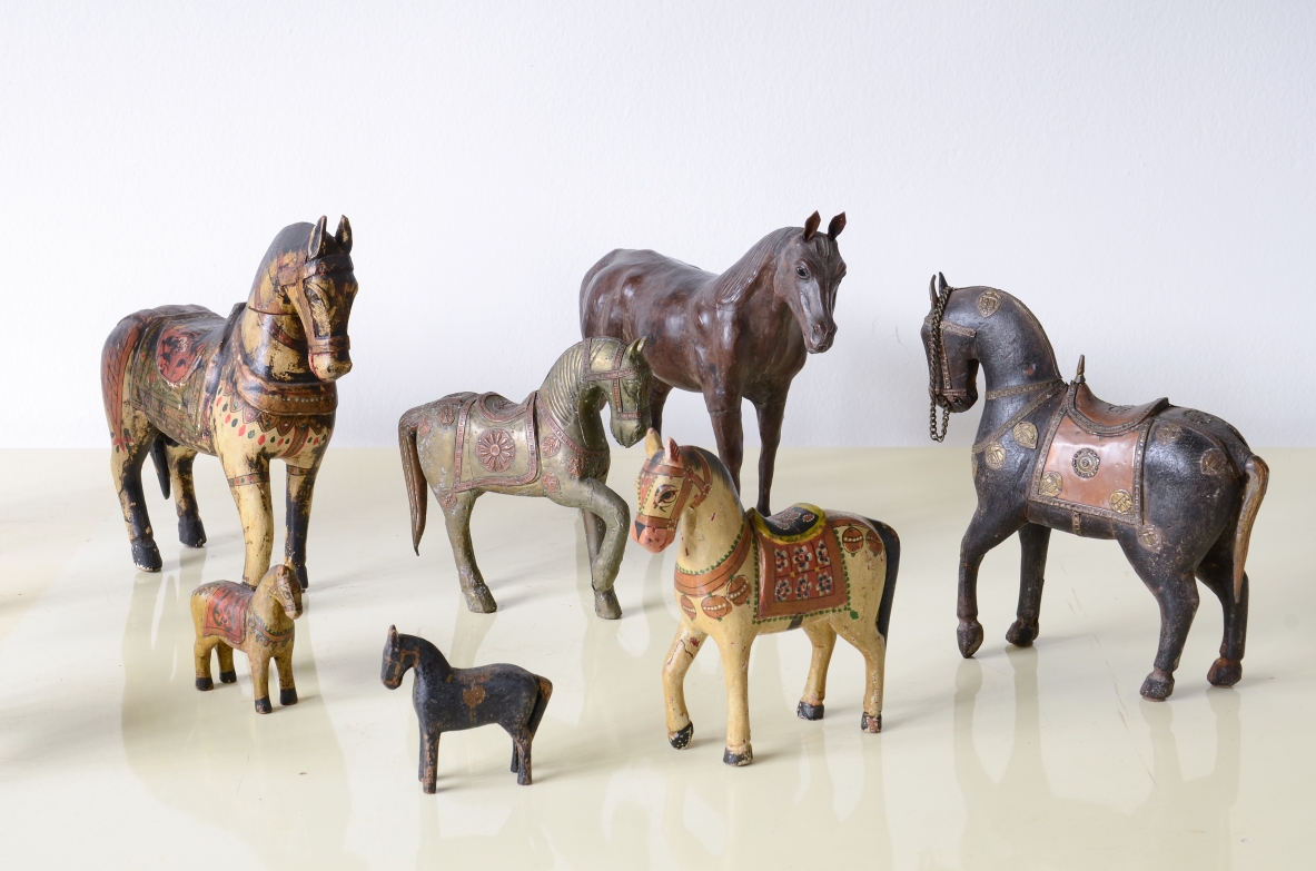 Collection of nine horses made of different materials Indian manufacture, 20th century.