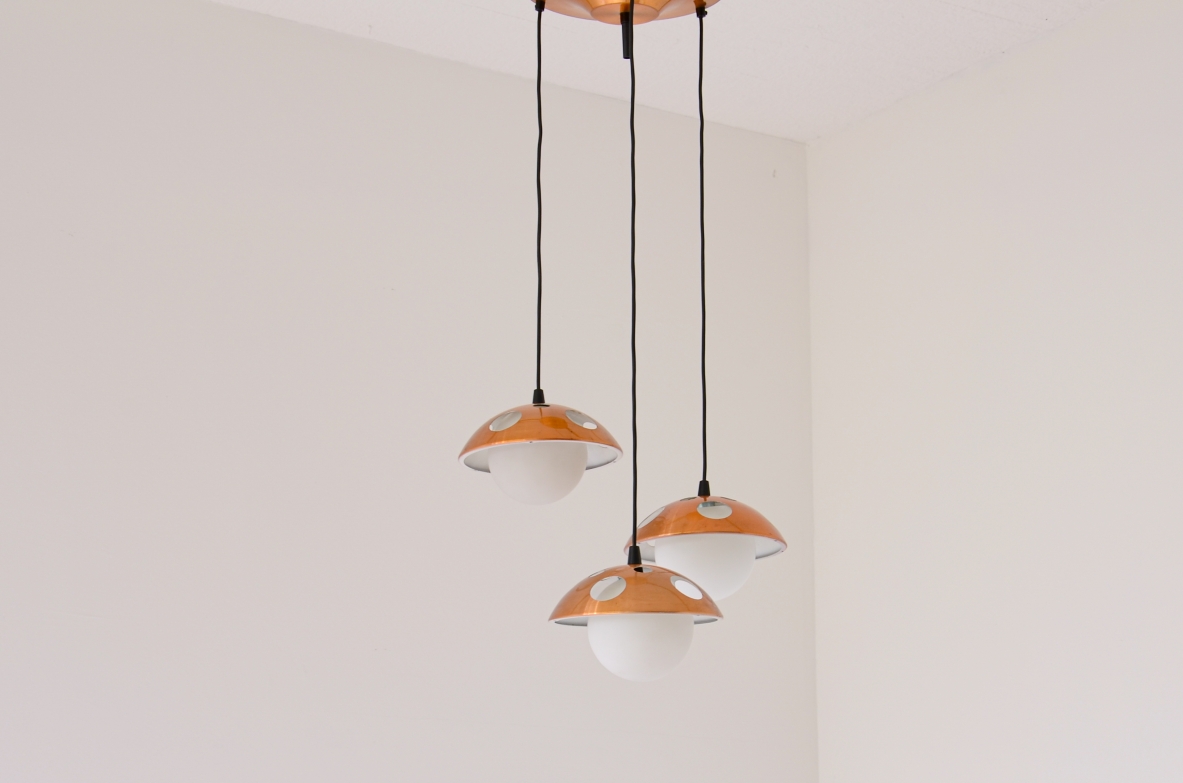 Small three-light chandelier with perforated copper shades 1960's