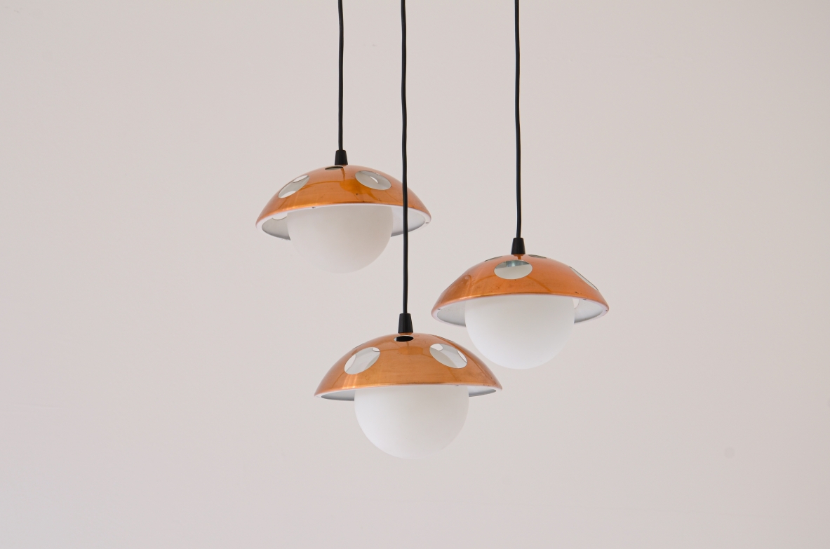 Small three-light chandelier with perforated copper shades 1960's