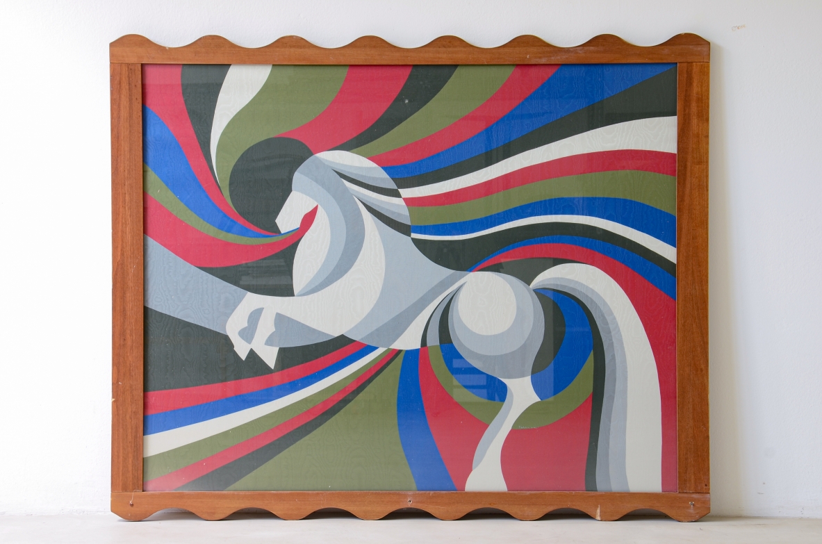 Grande serigrafia su tessuto in seta dentro cornice in legno sagomato anni 60