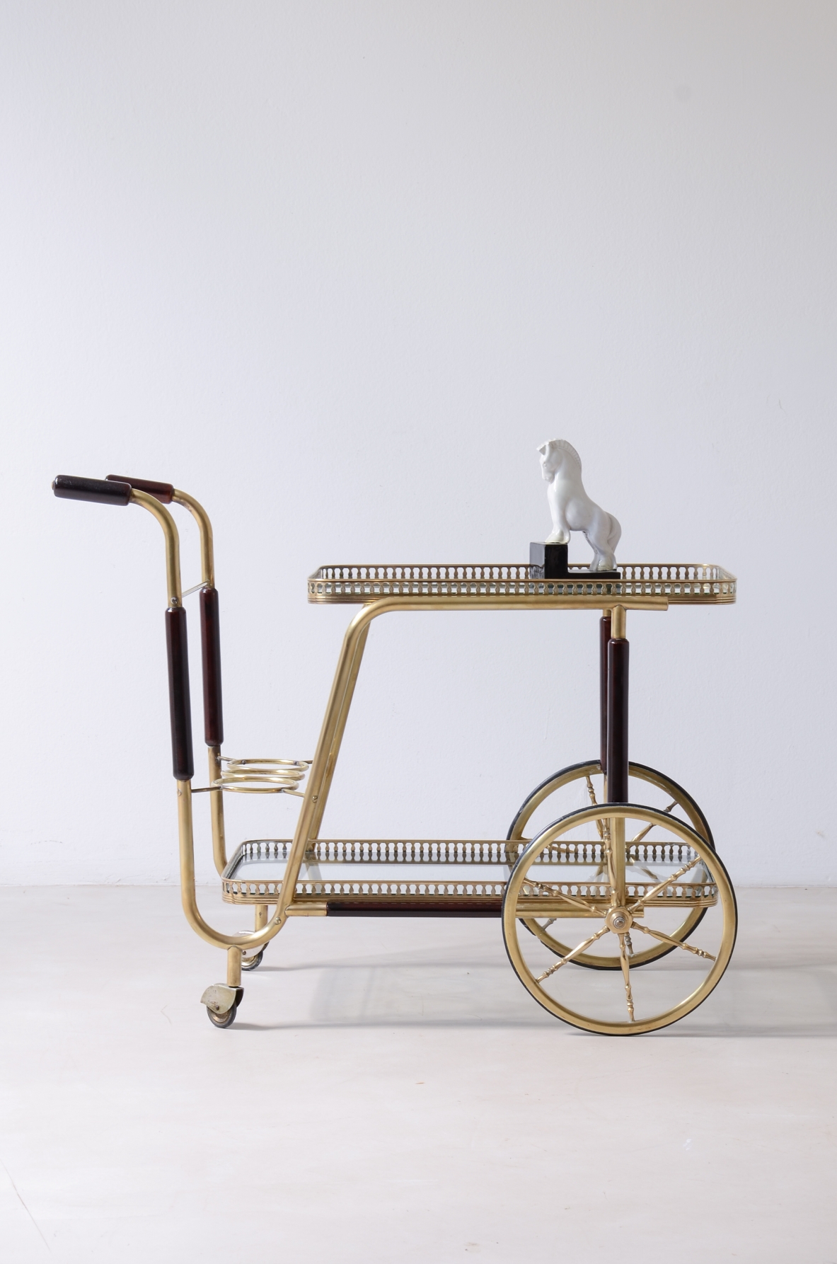 Early 1950s brass trolley bar with ebonized wood details