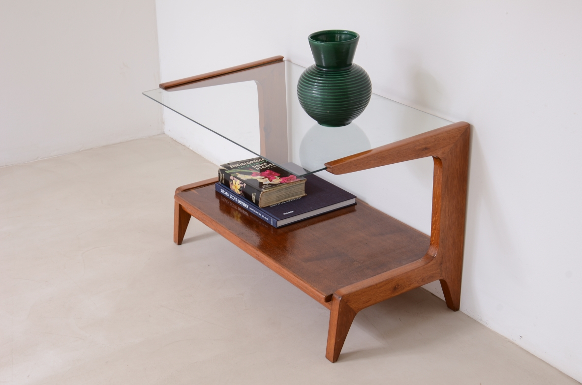 Gio Ponti  Oak wall table with a cut glass top and a wooden top ca. 1950.